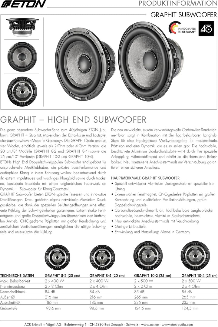 ETON Graphit 10-4 – High End 25 cm (10“) Doppel Schwingspulen Subwoofer, Basstreiber fürs Auto, Bass