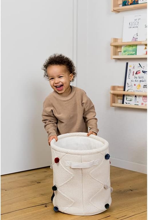 Kindsgut Aufbewahrungskorb Kinder Baumwolle mit Pompons, Creme, Creme
