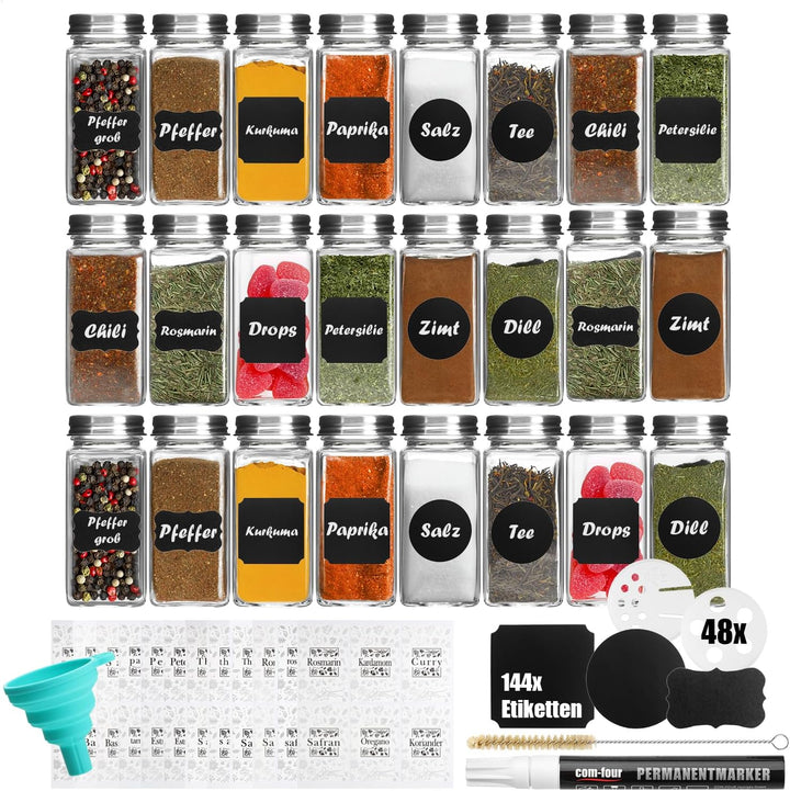com-four® Gewürzgläser Set [ Eckig - 24x | 120ml ] mit Gewürzetiketten, je 2 Streueinsätze, Stift zu