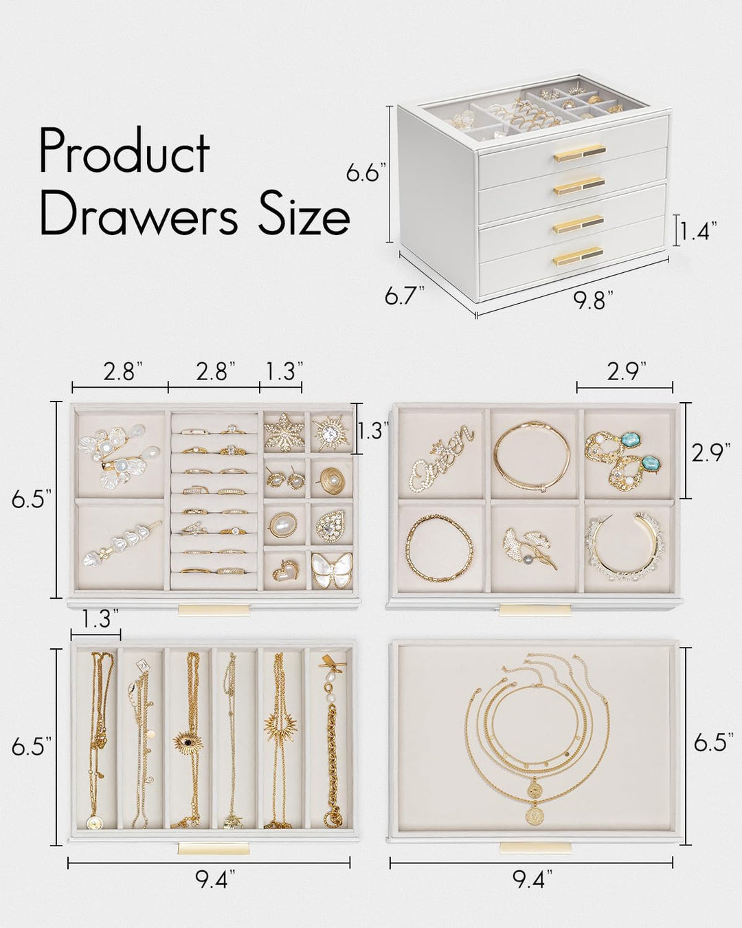 VLANDO Schmuckkästchen Gross, Schmuckkasten mit 4 Ebenen, Schmuck Organizer mit Glasdeckel, 4 Schubl