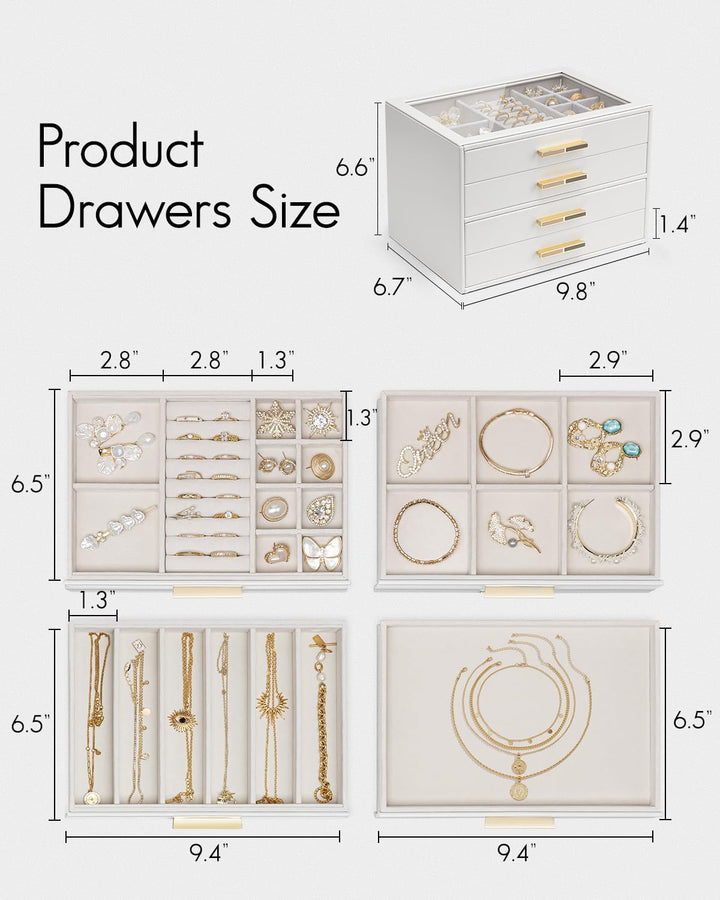 VLANDO Schmuckkästchen Gross, Schmuckkasten mit 4 Ebenen, Schmuck Organizer mit Glasdeckel, 4 Schubl
