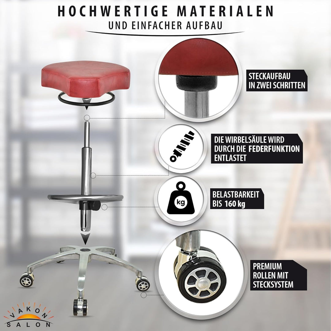 Design ergonomischer Rollhocker auf Rollen Rot - Höhenverstellbarer von 55 bis 75 cm mit Fussring -