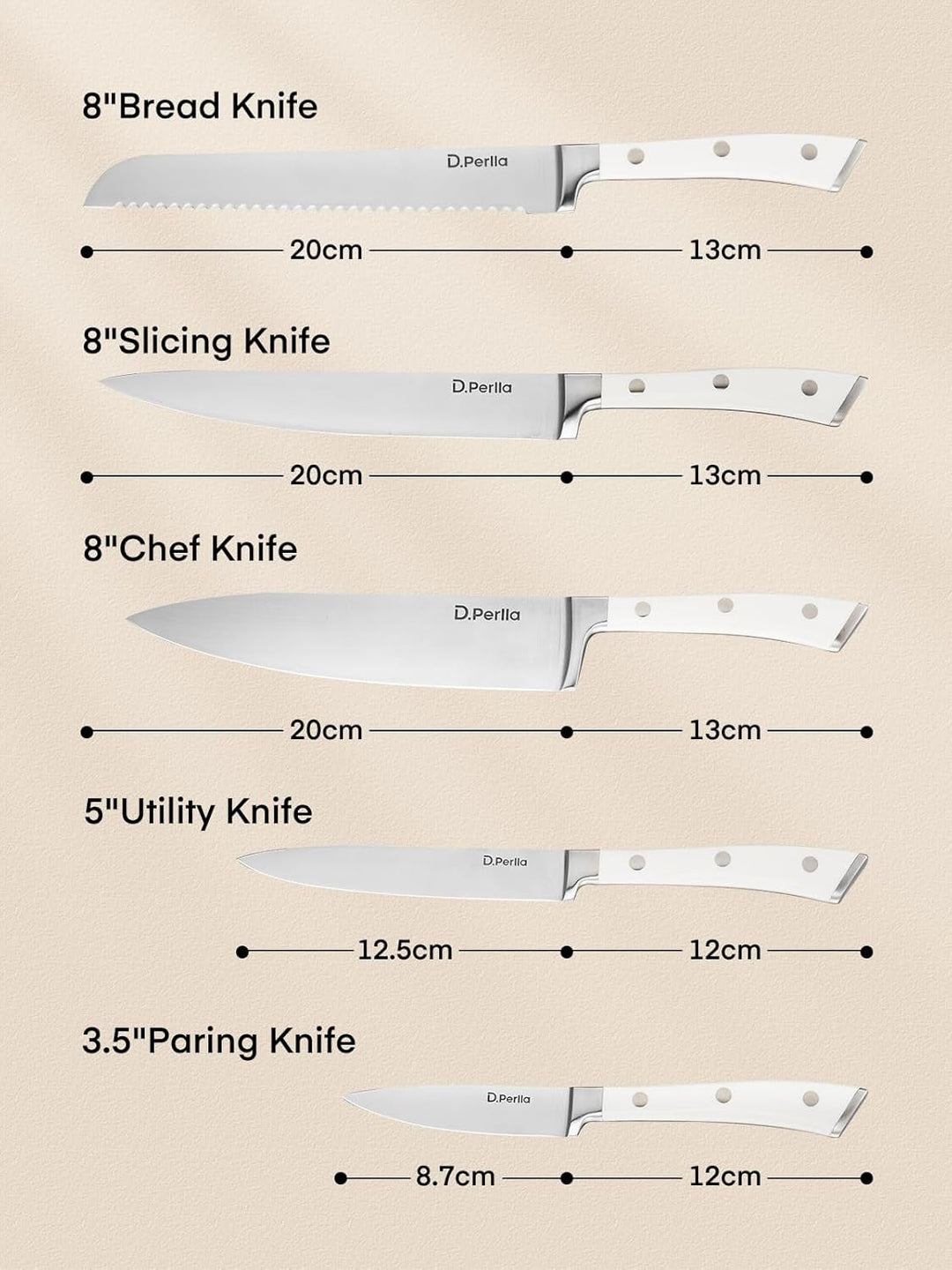 D.Perlla Messerblock Set 6 teilig Messerset mit Holzblock Küchenmesser Set mit Scharfe Klingen, Edel