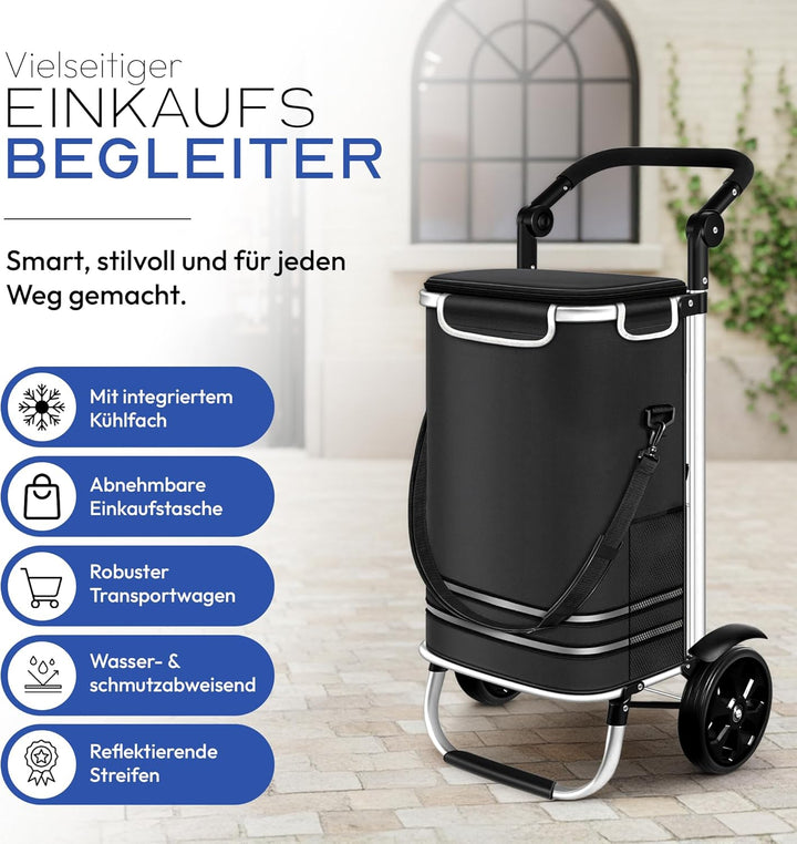 Dimono® Einkaufstrolley Rolltex Klappbarer 3 in1 Trolley zum Einkaufen; 56 Liter inkl. Kühlfach; Tra