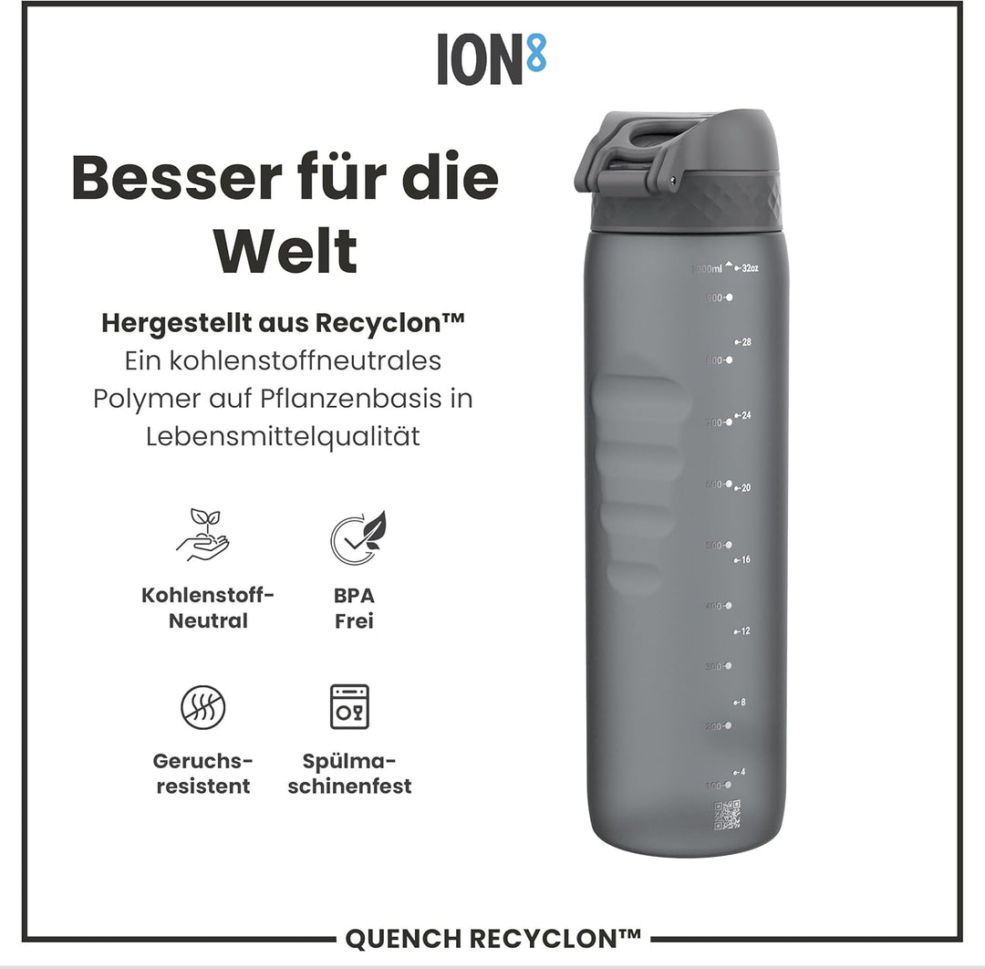 Ion8 1 Liter Trinkflasche, 1000ml, Auslaufsicher, Einhandöffnung, Sichere Verriegelung, Spülmaschine