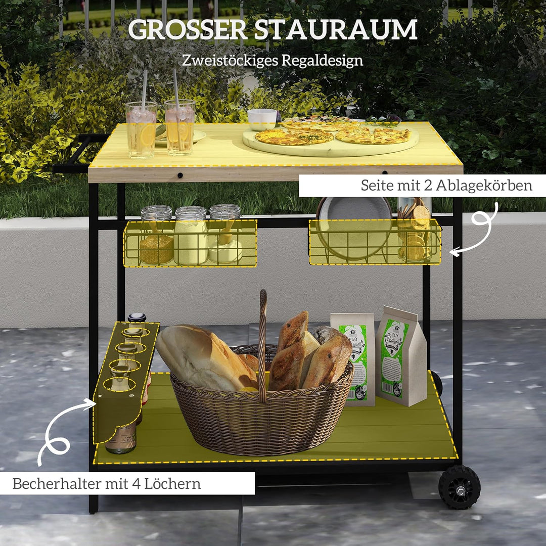 Outsunny Servierwagen, Gartenrollwagen mit 2 Ebenen, Barbecue Trolley mit Aufbewahrungskorb, Outdoor
