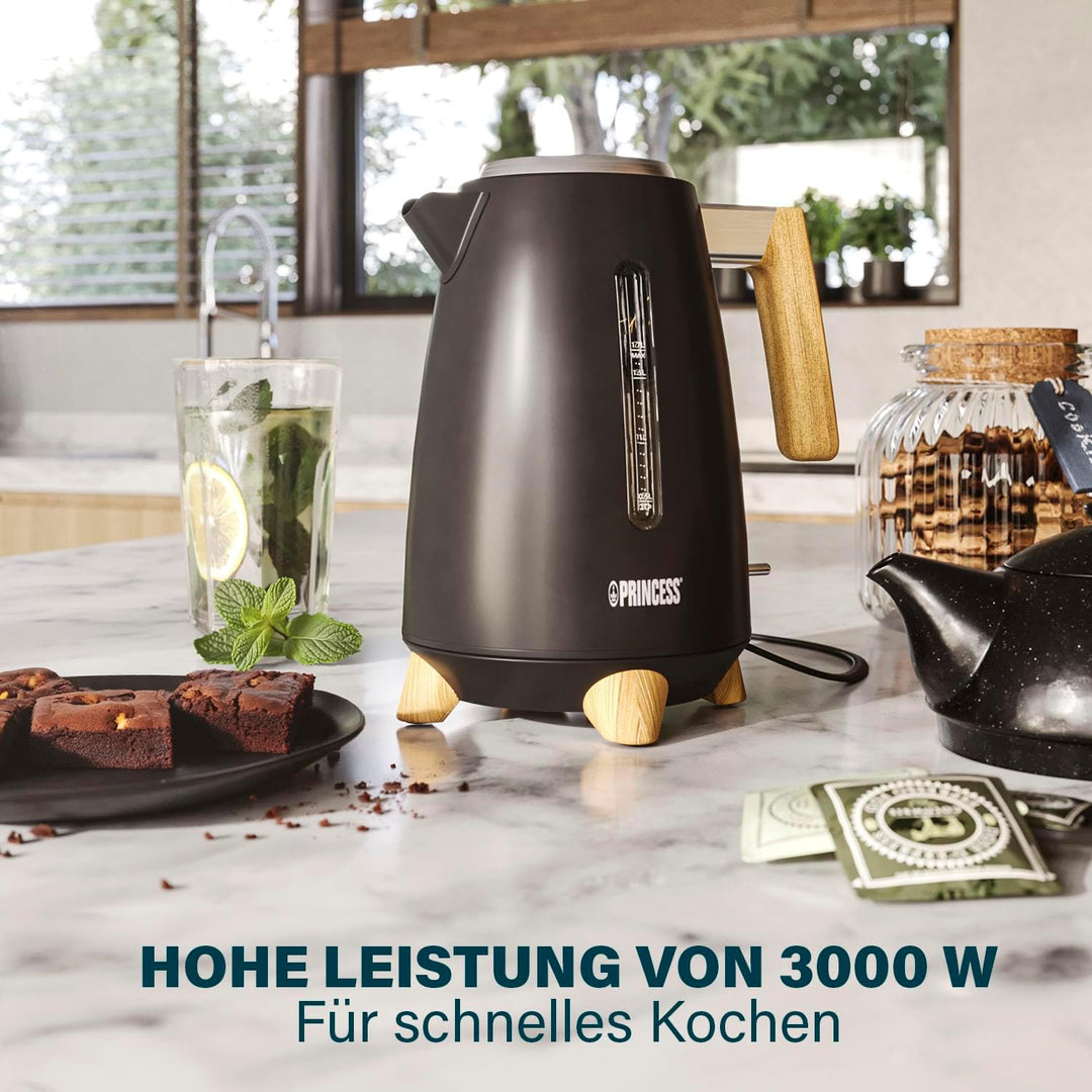 Princess Wasserkocher Pure - 1,7 L - Bambusdesign - 360° drehbar - 3000 W - Mattschwarz 1.7 Liter Sc