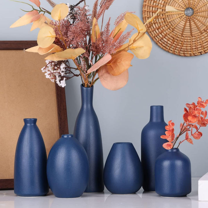 Blaue Keramik Knospen Vasen Set von 6, Bauernhaus Dekor, Kamindekor, Kaminsims & Regal Dekor, Heimde