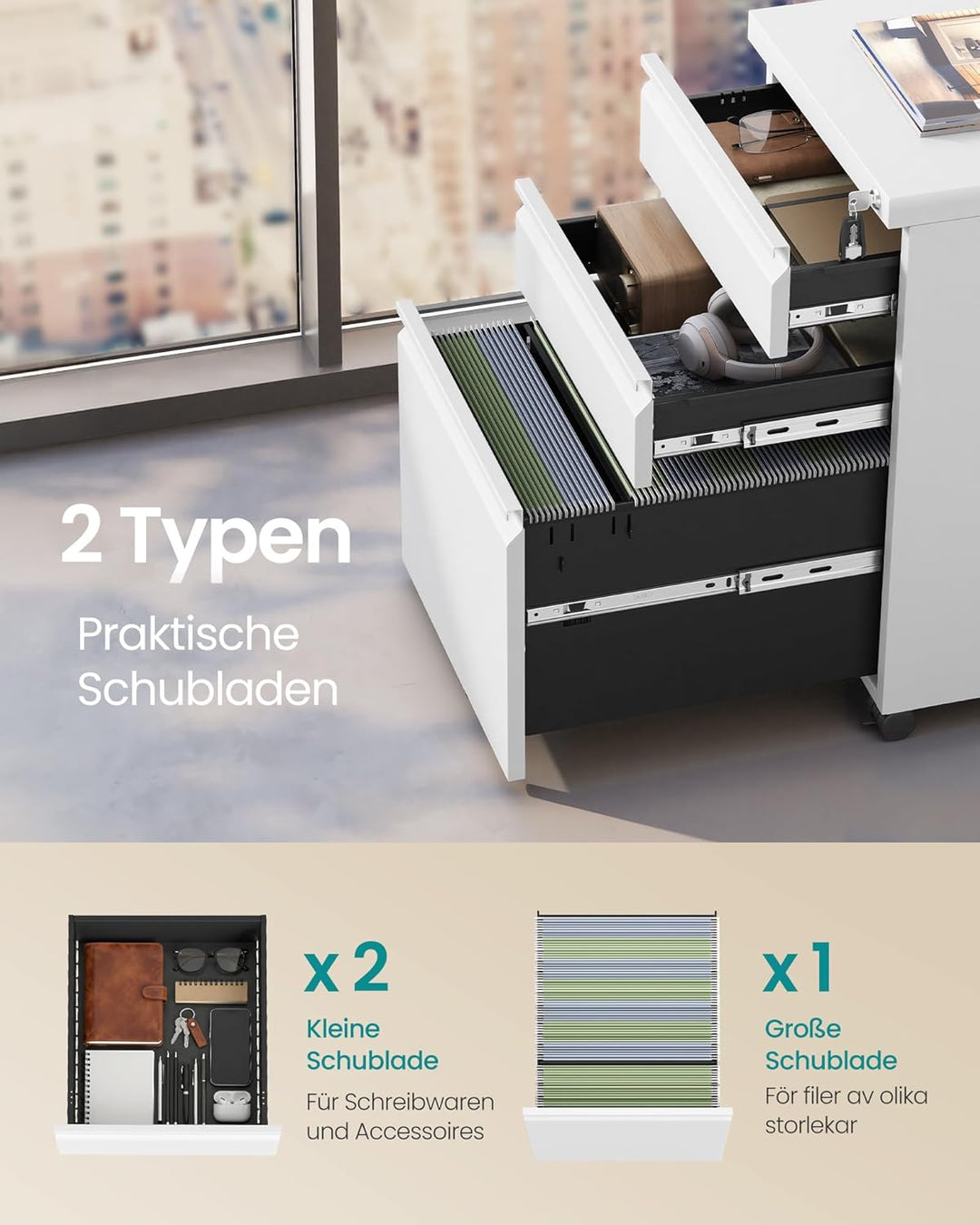 SONGMICS OFC033W101 Büroschrank mit 3 Schubladen, Rollfach auf Rollen, für Zuhause, Stahlgestell, 3