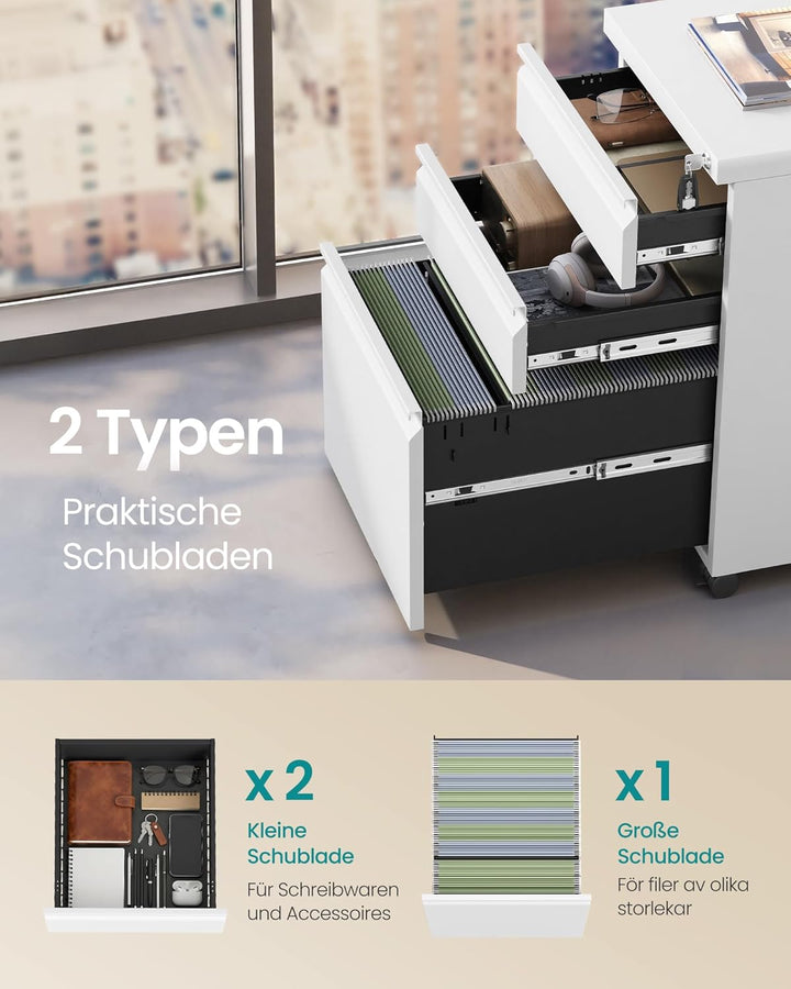 SONGMICS OFC033W101 Büroschrank mit 3 Schubladen, Rollfach auf Rollen, für Zuhause, Stahlgestell, 3