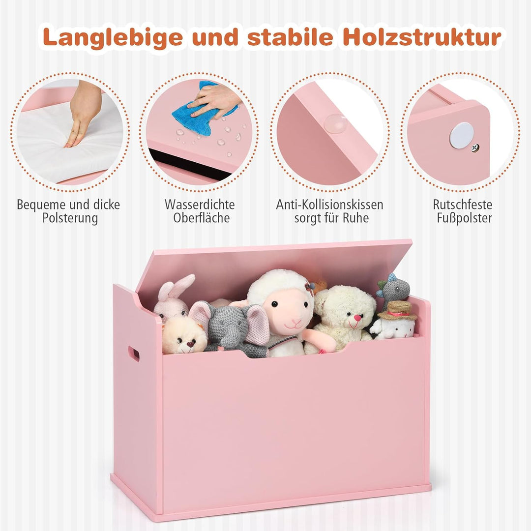 COSTWAY Spielzeugkiste mit Deckel, 2 in 1 Spielzeugtruhe mit Kissen, Spielzeugschrank aus Holz mit T