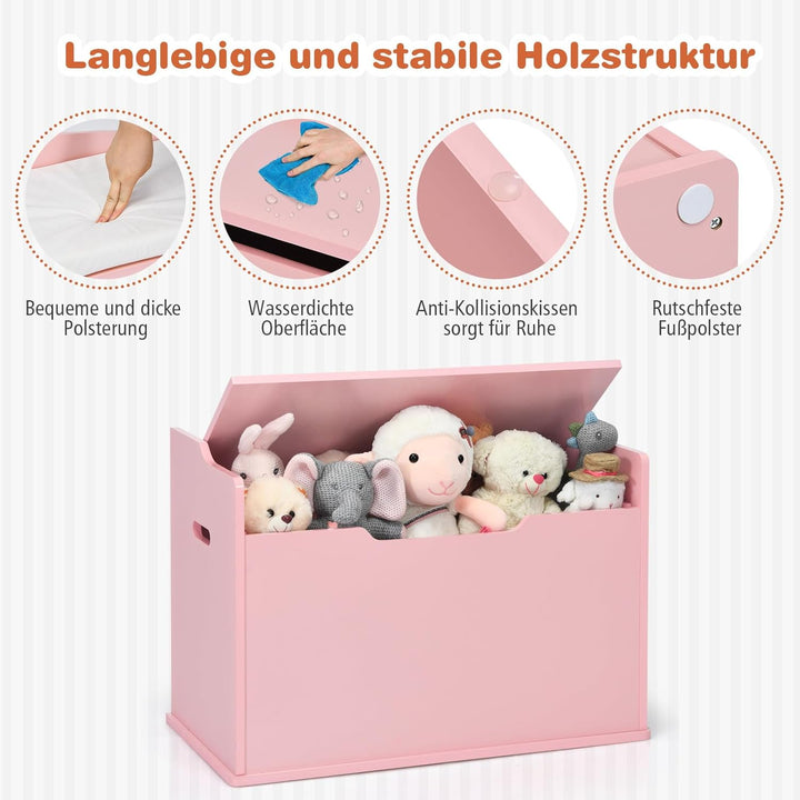 COSTWAY Spielzeugkiste mit Deckel, 2 in 1 Spielzeugtruhe mit Kissen, Spielzeugschrank aus Holz mit T