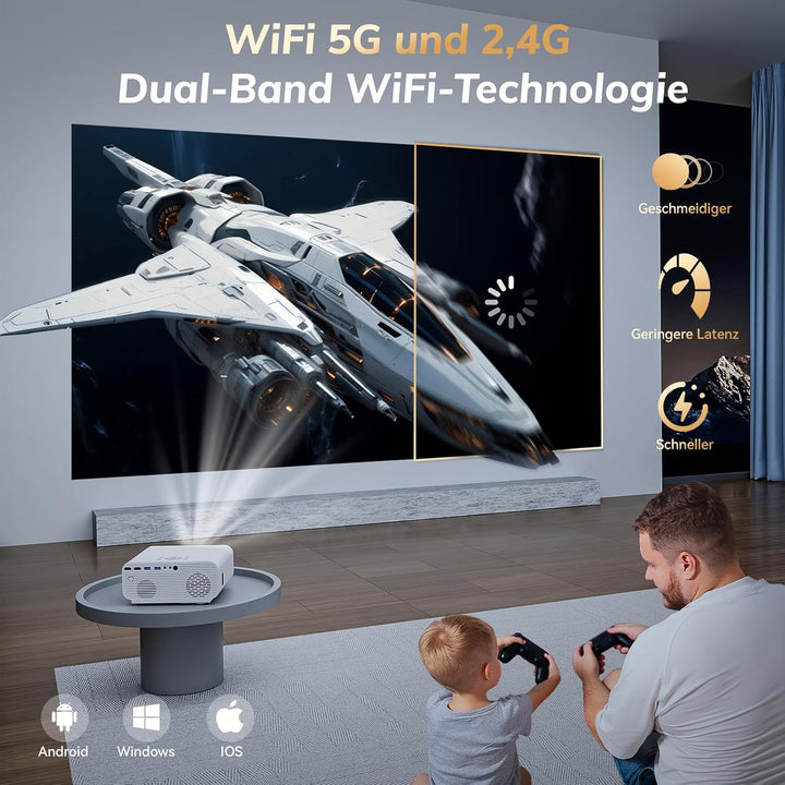 Smart Beamer 4K【Offiziell lizenzierte App】 Autofokus & Auto Keystone Mini Projektor,WiFi6 Bluetooth5