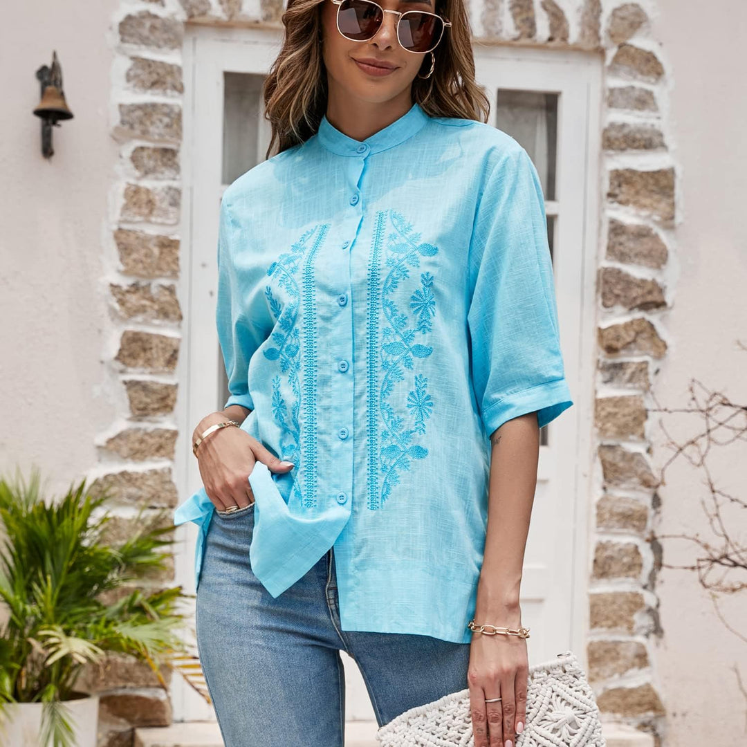 Seasonal Sommer Hippie Tunika Stickerei Damen Blusen Folklore Kurzarm Hemd Freizeit Button-down Ober