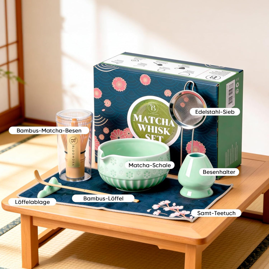 Matcha Set, Keramik Matcha Tee Set Mit Schale, Bambusbesen, Löffel, Sieb, Löffelablage, Besenhalter,