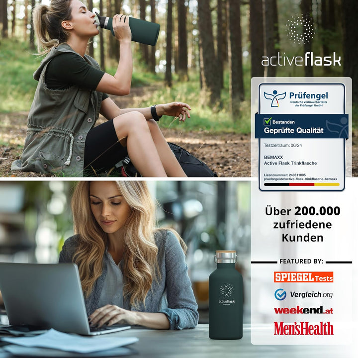 Trinkflasche Edelstahl mit Strohhalm, Infuser + 3 Deckel: BPA-frei, Auslaufsicher, Kohlensäure geeig