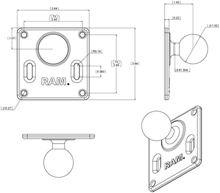 Ram Mounts RAM-2461U VESA-Platte mit Kugel, 75 x 75 mm Standardverpackung, Standardverpackung