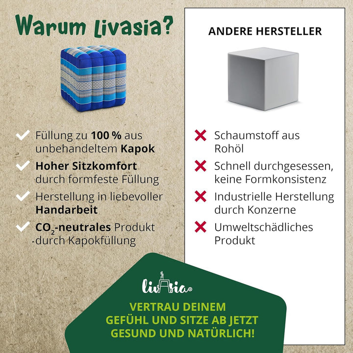 livasia Würfelkissen quadratisch, Sitzhocker mit organischem Kapok, Sitzpouf, Lagerungswürfel vierec