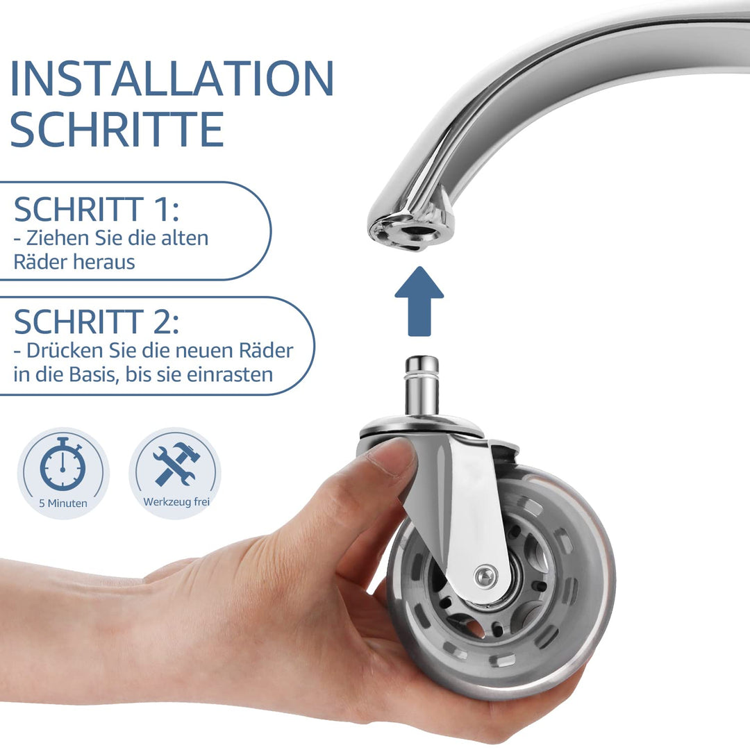 Sytopia Bürostuhlrollen 10mm x 22 mm,Super Leise und Weiche, 5er Set Rollen für Bürostühle, geeignet