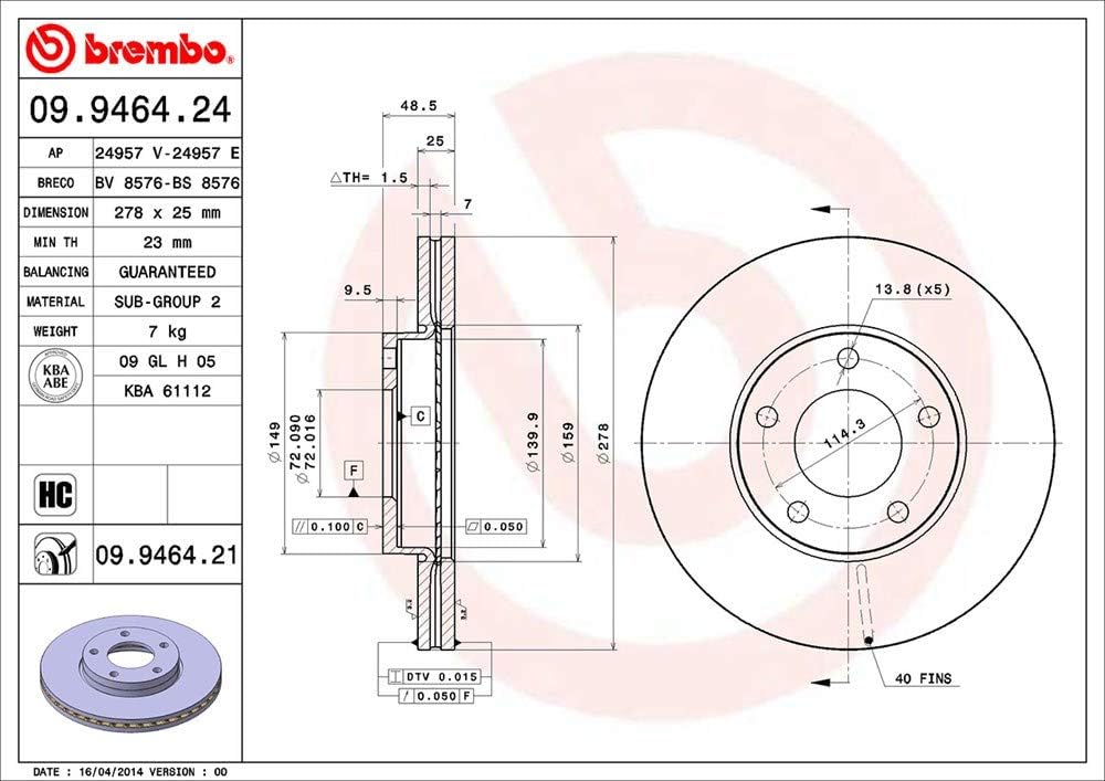 Brembo 09.9464.21 COATED DISC LINE Bremsscheibe - Paar