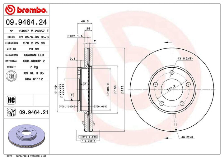 Brembo 09.9464.21 COATED DISC LINE Bremsscheibe - Paar