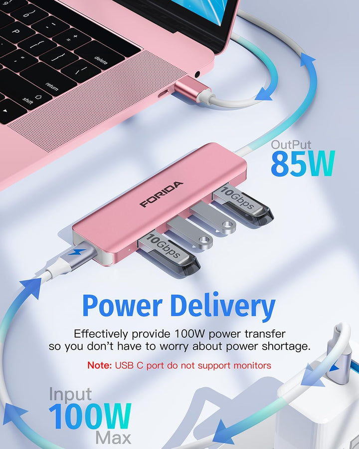 FORIDA USB C Hub, 10 Gbps USB C Splitter für Laptop, 2 Type C 3.1 und 2 USB A 3.2 Datenanschlüsse, 1