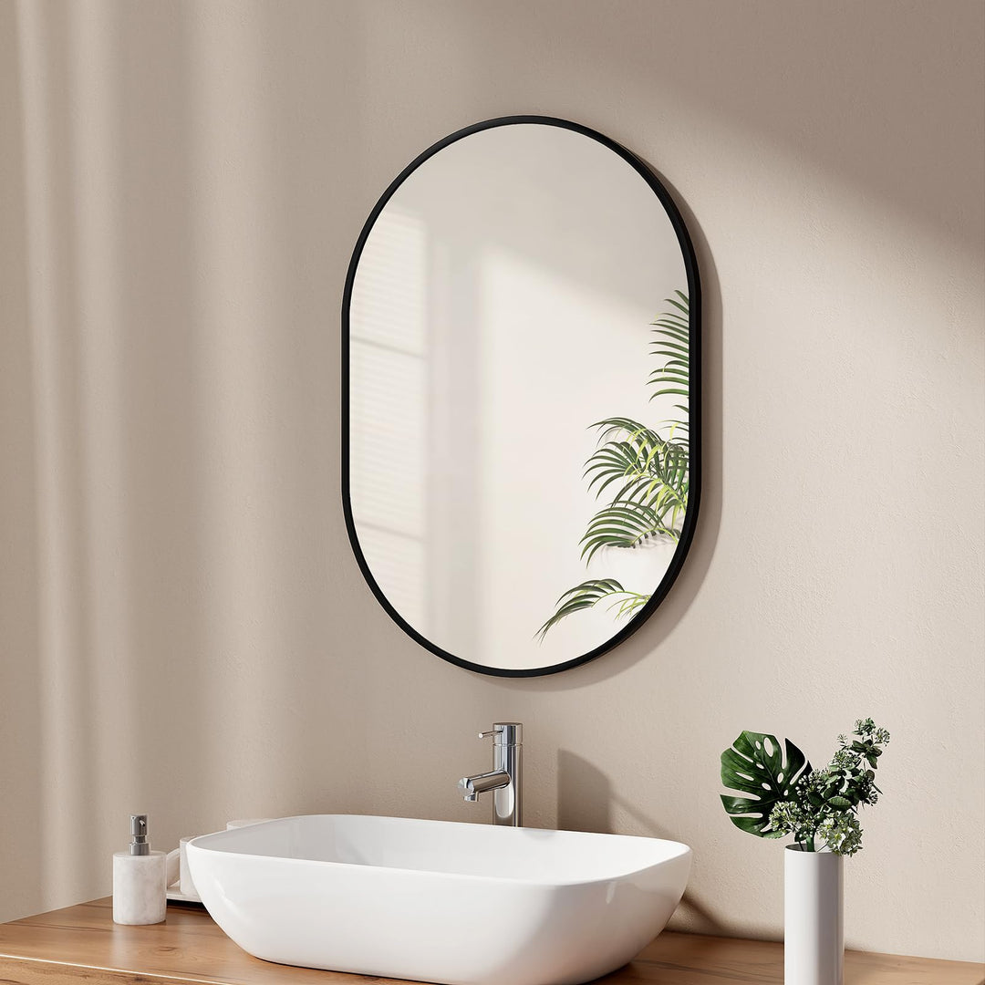 EMKE Badspiegel Oval 50 x 70 cm Spiegel mit Schwarzer Rahmen Wandspiegel Oval Horizontal/Vertikal Ba