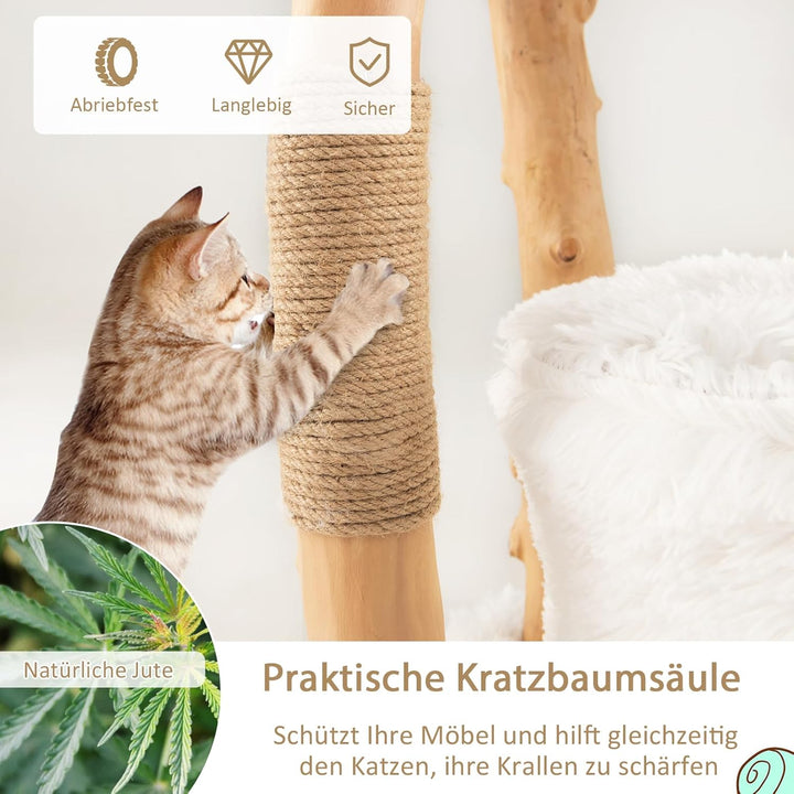 SOARS Kratzbaum Holz, Katzenbaum mit 3 natürlichen Birnbaumstämmen, Katzenhöhle & Plüschflächen, Kat