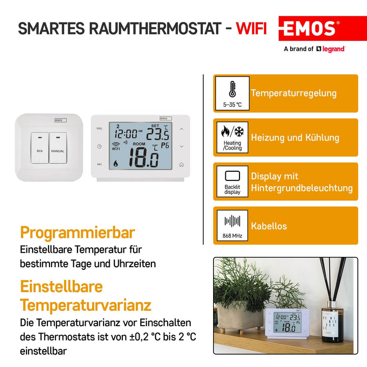 EMOS GoSmart WiFi Raumthermostat mit App, programmierbarer Smart Thermostat für Heizung, Kühlung, dr