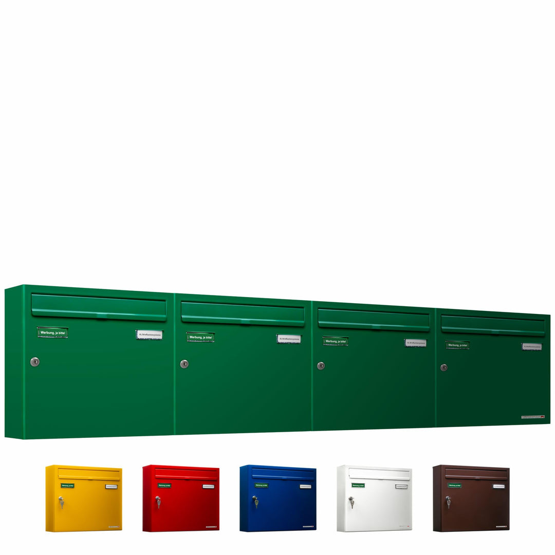 AL Briefkastensysteme Basic 4er Briefkasten RAL 6005 Moos Grün 4 Fach DIN A4 wetterfest Briefkastena