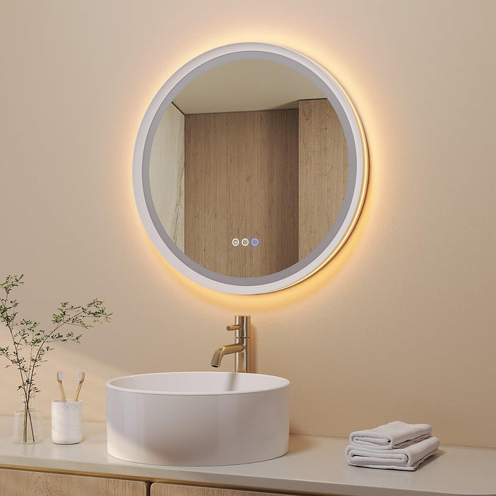 AQUABATOS Badspiegel mit Beleuchtung Rund 60 cm Aluminiumrahmen Schrägdesign weiss matt direkte und