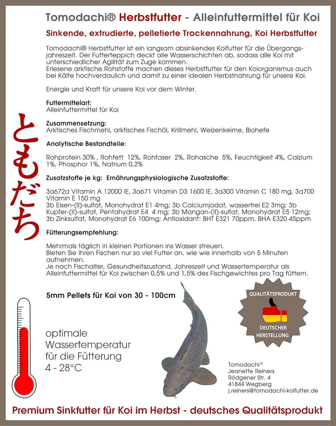Tomodachi Herbstfutter für Koi Koifutter für den Herbst, langsam sinkend und energiereich, 10kg