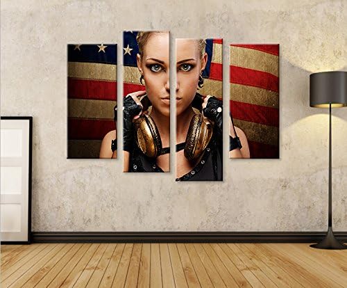 islandburner Bild Bilder auf Leinwand Girl USA Flagge Kopfhörer 4er XXL Poster Leinwandbild Wandbild