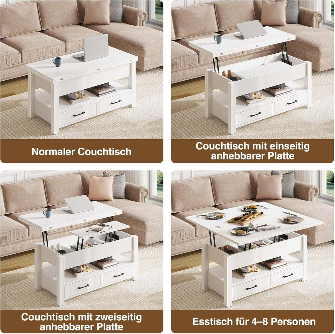 Rolanstar Couchtisch Höhenverstellbar, Wohnzimmertisch mit Schublade & verstecktem Fach, Kaffeetisch