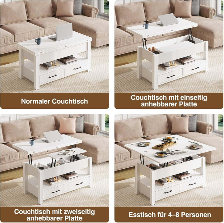Rolanstar Couchtisch Höhenverstellbar, Wohnzimmertisch mit Schublade & verstecktem Fach, Kaffeetisch