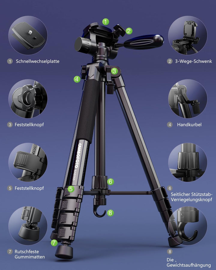 CAMBOFOTO 74"/188cm Aluminium Kamerastativ, Tragbar mit 360° Kugelkopf mit Handyhalter, 1/4 Universa