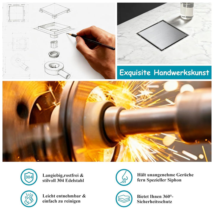 150 x 150 mm Duschrinne Quadratisch Edelstahl Bodenablauf mit 360° Siphon Geruchsstop, Haarfilter 2