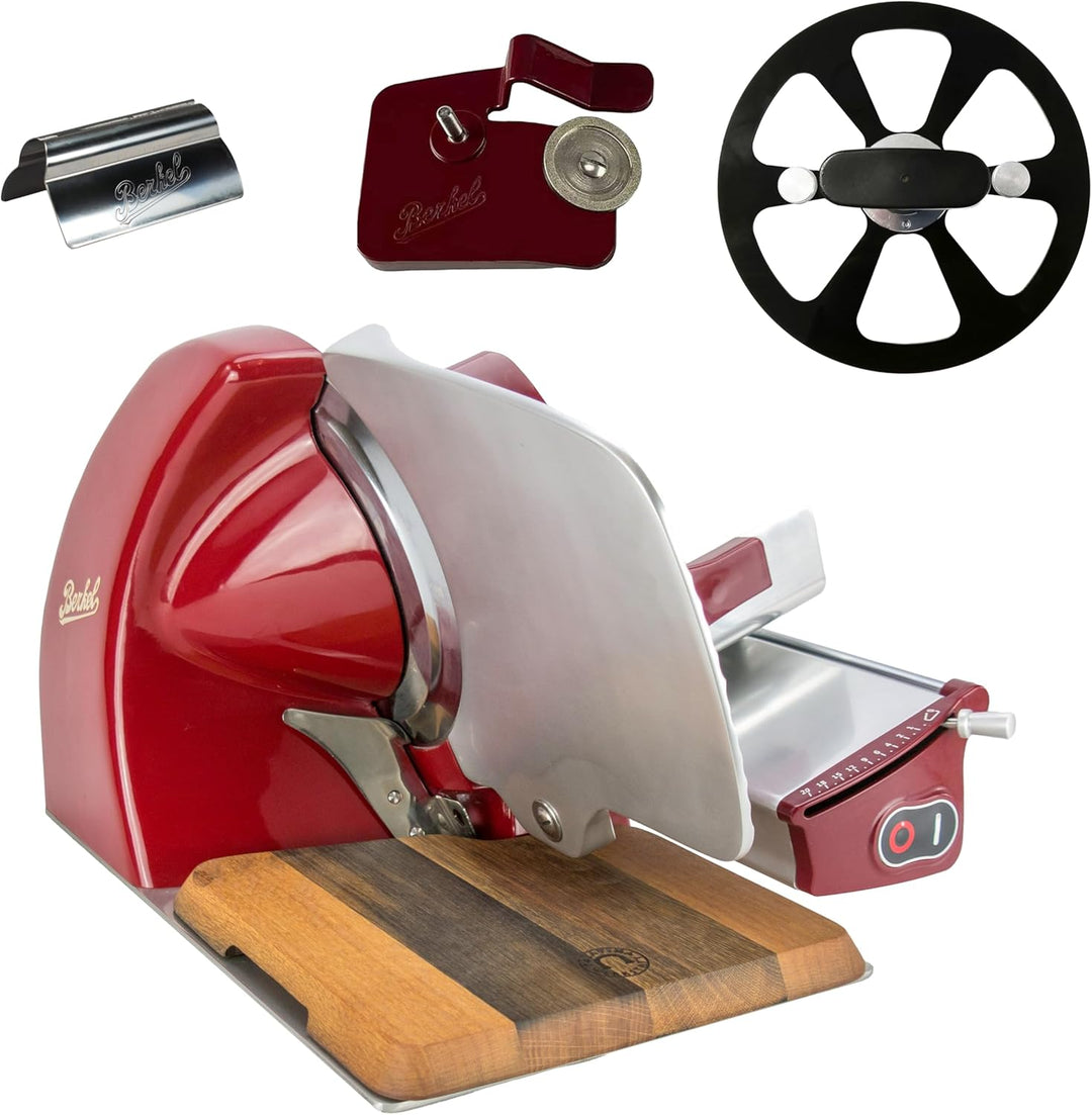Berkel Aufschnittmaschine Home Line 250 in rot - Premium Schneidemaschine inkl. handgefertigtem Einl
