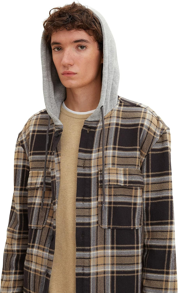 TOM TAILOR Denim Herren Overshirt mit Kapuze XS 30688 - Coal Grey Grey Beige Check, XS 30688 - Coal