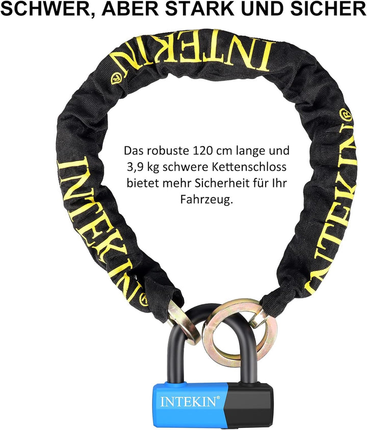 INTEKIN Hochsicherheits Kettenschloss 120cm lang & 10mm dick, Motorrad/Fahrrad Schloss Kette Kombina