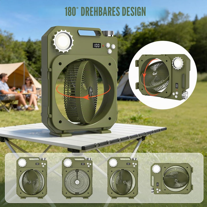 Tragbarer Camping Ventilator mit LED-Licht/SOS, Leiser Akku Tischventilator, Kabellos 5400mAh, 100 G