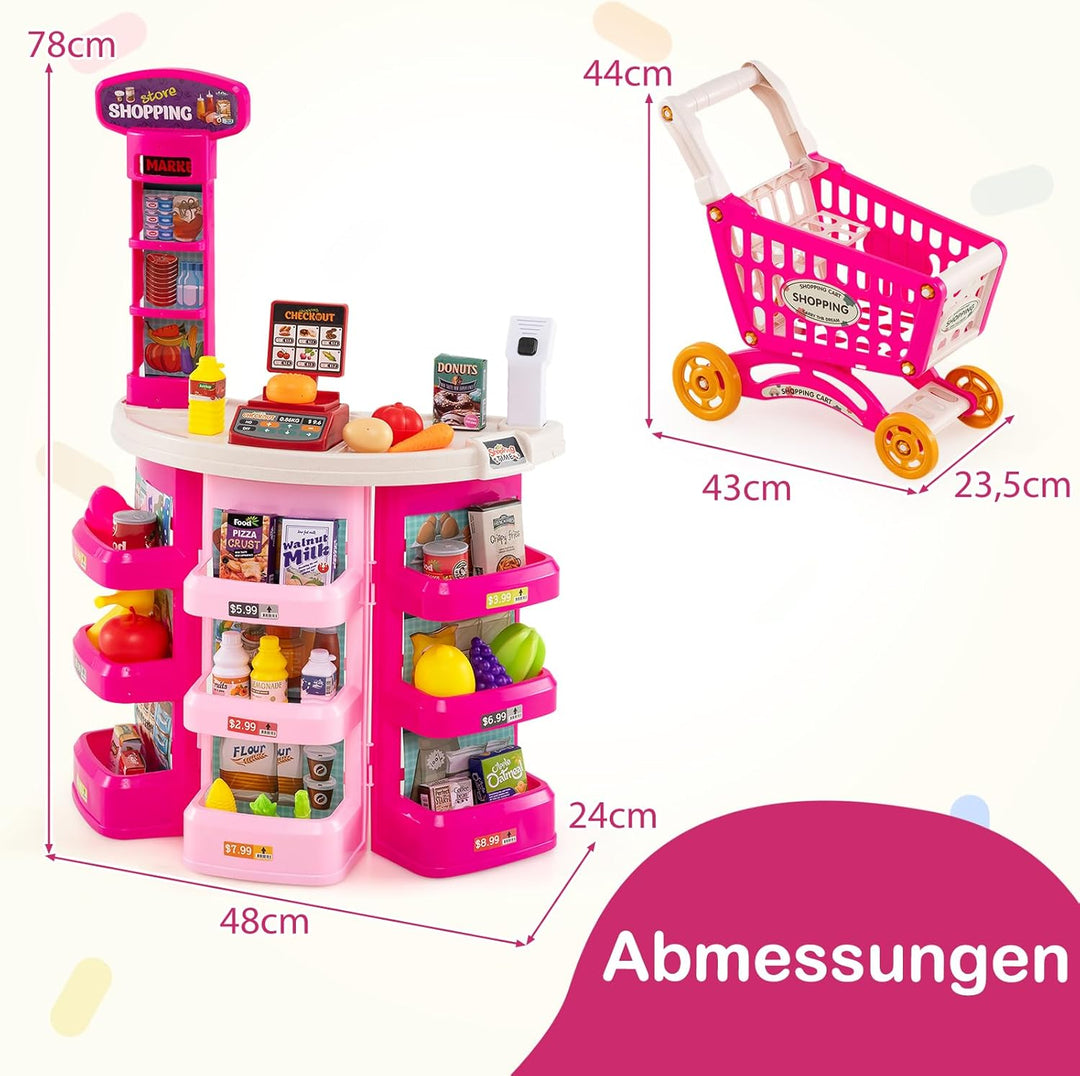 COSTWAY Kaufladen mit Einkaufswagen, Kinder Kaufmannsladen mit Waage, Regalen, Scanner mit Licht & S