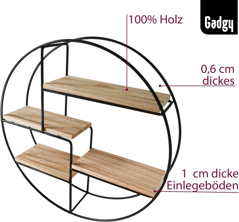 Gadgy Wandregal rund mit 4 Böden | Schweberegal rund | Wandregal Holz & geschweisstes Metall | Wandd