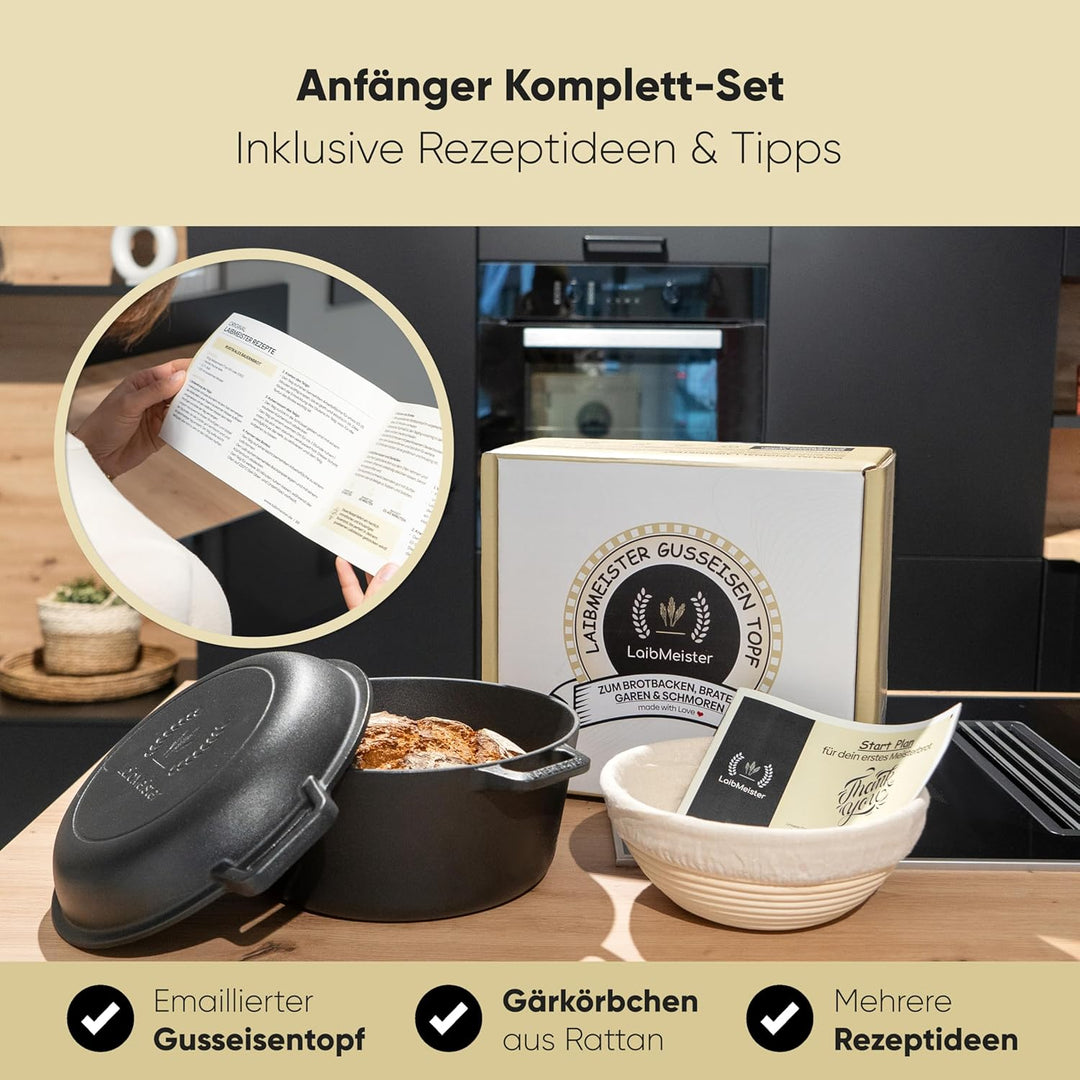 LaibMeister - Brotbacktopf aus Gusseisen mit Deckel. Einsetzbar als Bräter, Dutch Oven, Topf, Grillp