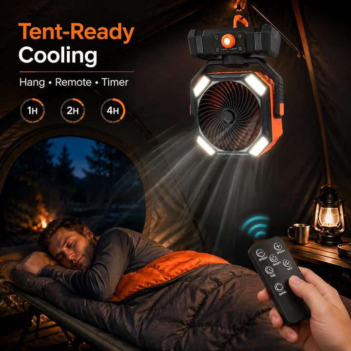 Camping Ventilator mit LED Laterne, 10000mAh Akku Outdoor Ventilator mit Sprühfunktion, Tragbarer Ve
