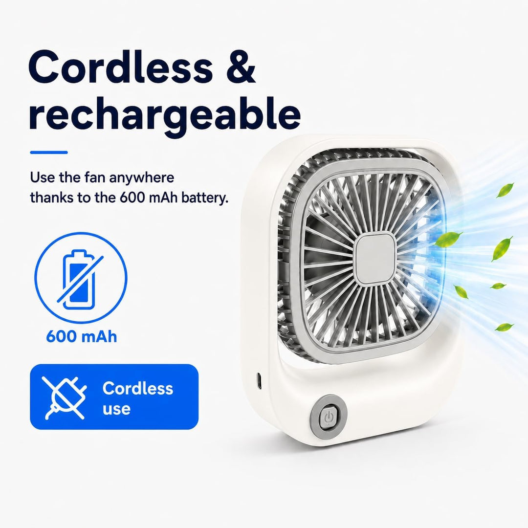 Silvergear® Tragbarer Tischventilator | USB-C Aufladung | 3 Geschwindigkeiten | 600 mAh Akku | Für B