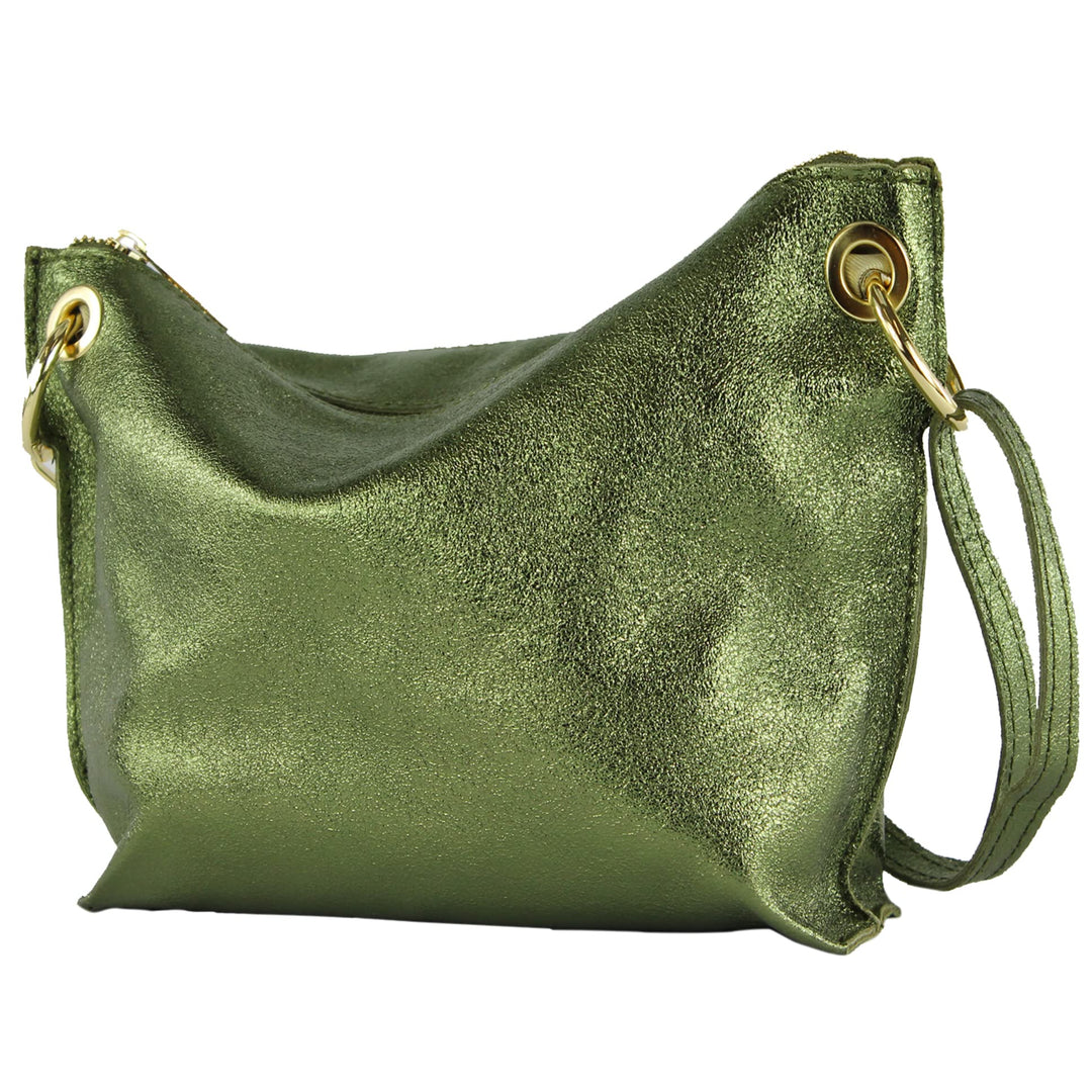 modamoda de - T243 - ital. Umhängetasche Klein Small aus Leder Olivgrün-metallic, Olivgrün-metallic