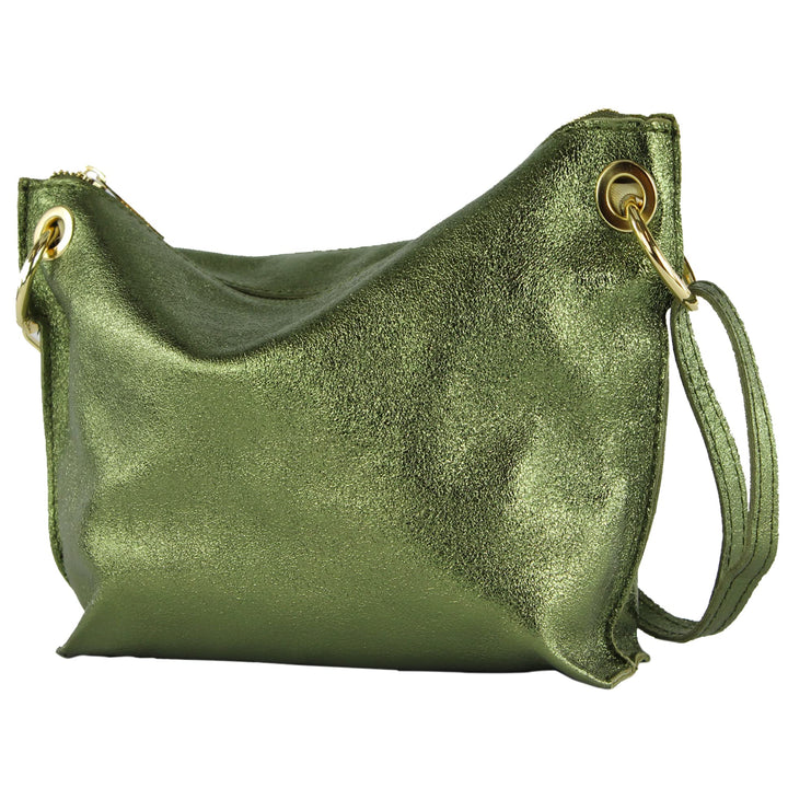 modamoda de - T243 - ital. Umhängetasche Klein Small aus Leder Olivgrün-metallic, Olivgrün-metallic