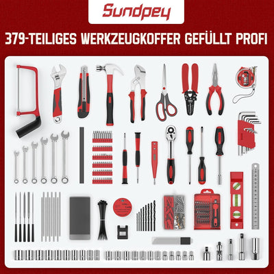 Sundpey Werkzeugkoffer Gefüllt 379 tlg - Werkzeugkoffer Gefüllt Profi für Haus-/Autoreparaturen Werk