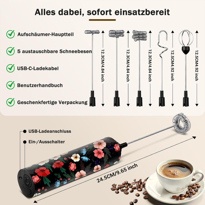 Milchschäumer Elektrisch USB-C mit 5 Wechselbaren Edelstahl-Schneebesen–2 Einstellbare Geschwindigke
